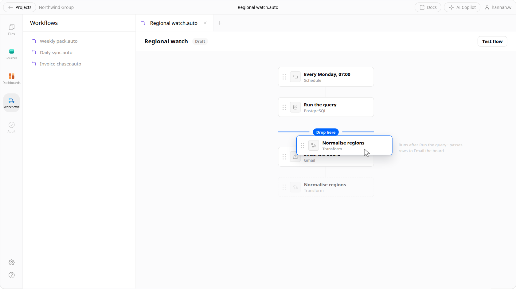 A transform step being dragged into a Veritly pipeline: the flow runs from a schedule to a PostgreSQL query to a Gmail delivery, the gap between the query and the delivery has opened with a drop indicator, and the step in the hand shows what it will be wired to before it lands.
