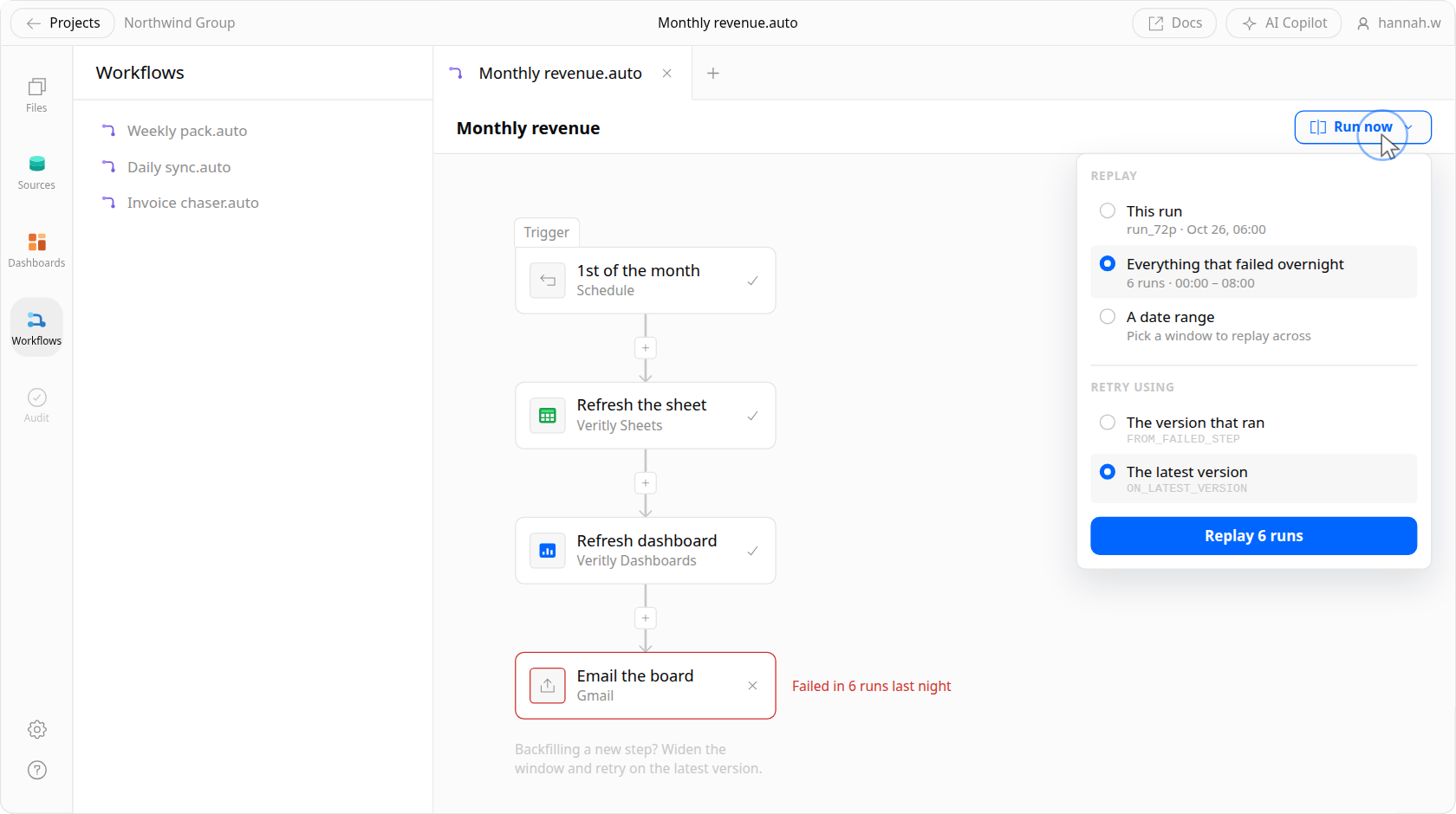 The Veritly flow builder with the Run now menu open: replay this run, everything that failed overnight, or a date range, with a choice between retrying the version that ran and the latest version.