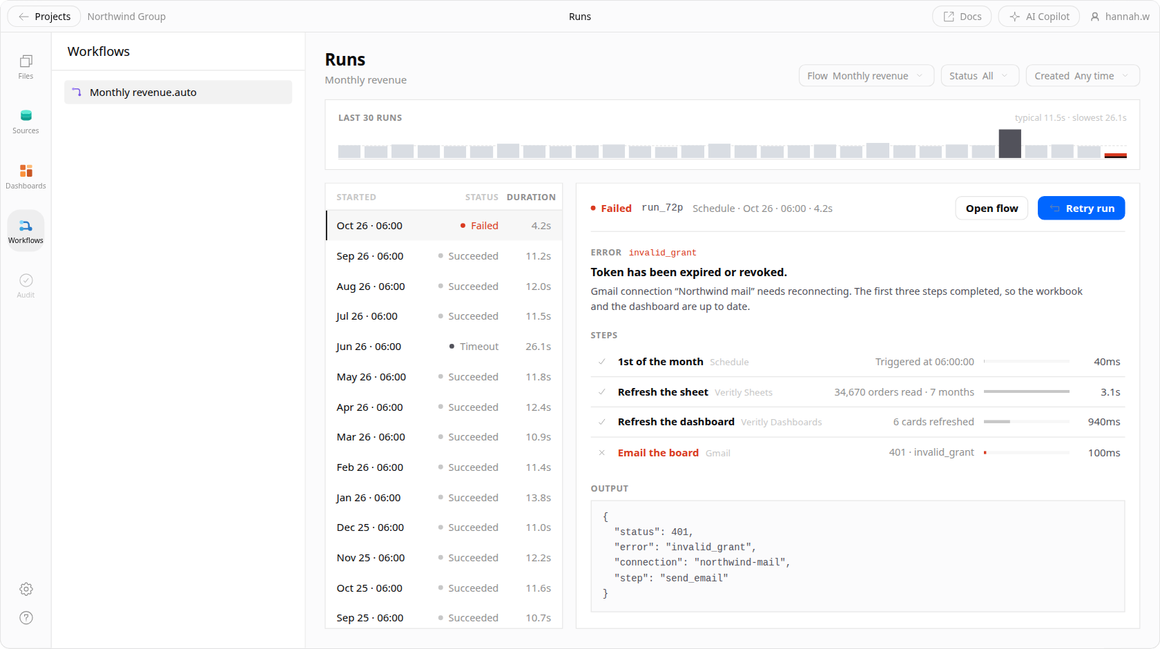 The runs list for a Veritly automation: each execution with its status, trigger, duration and timestamp, and the per-step inputs and outputs for the selected run.